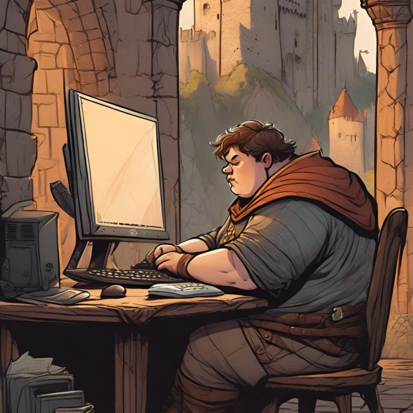 Ein junger Mann mit Adipositas spielt im Mittelalter am Rechner