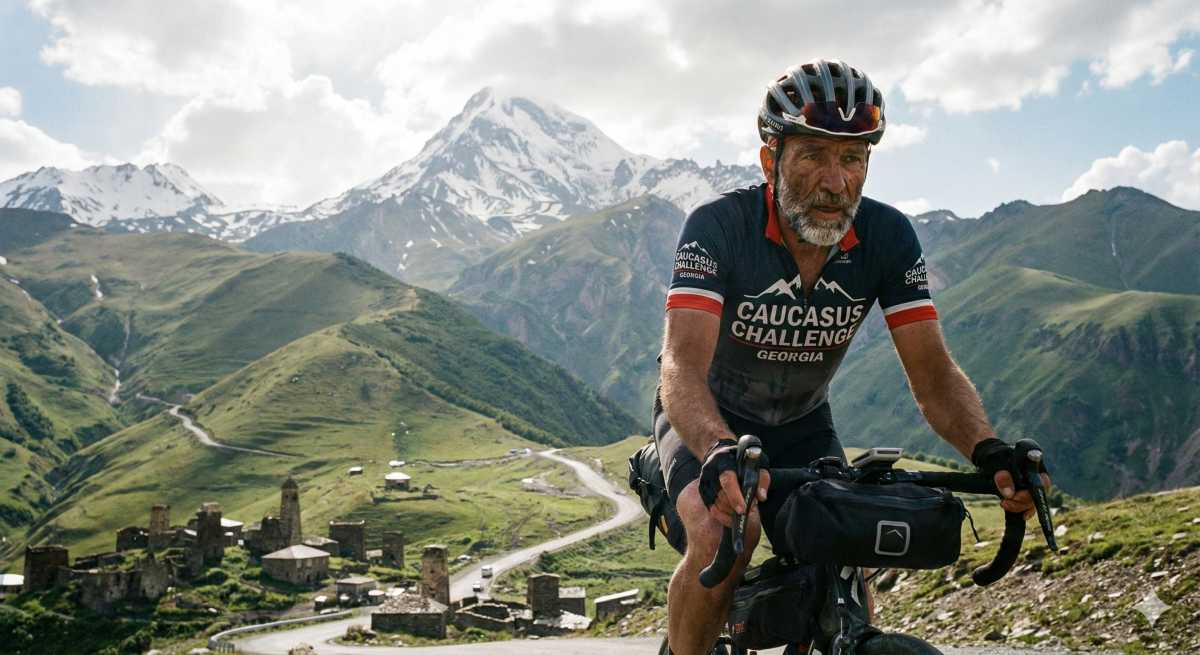 Älterer Radfahrer mit dem Bike beim Training im Kaukasus in Georgien