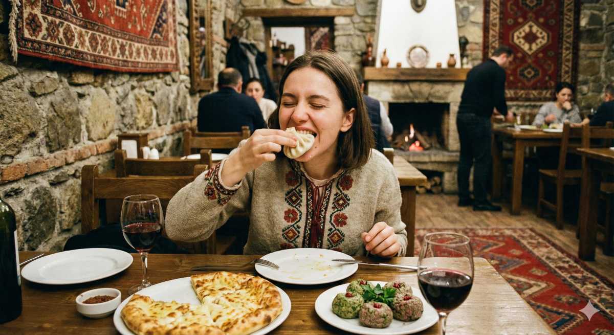 Eine Frau sitzt in einem georgischen Restaurant und iss eine Chinkali