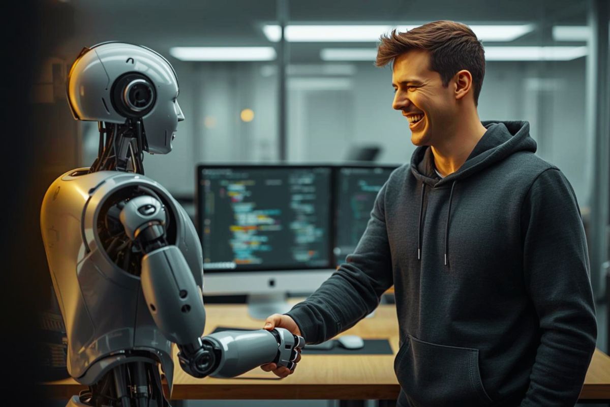 Mensch und Roboter schütteln sich die Hand: TYPO3 Upgrades per KI 