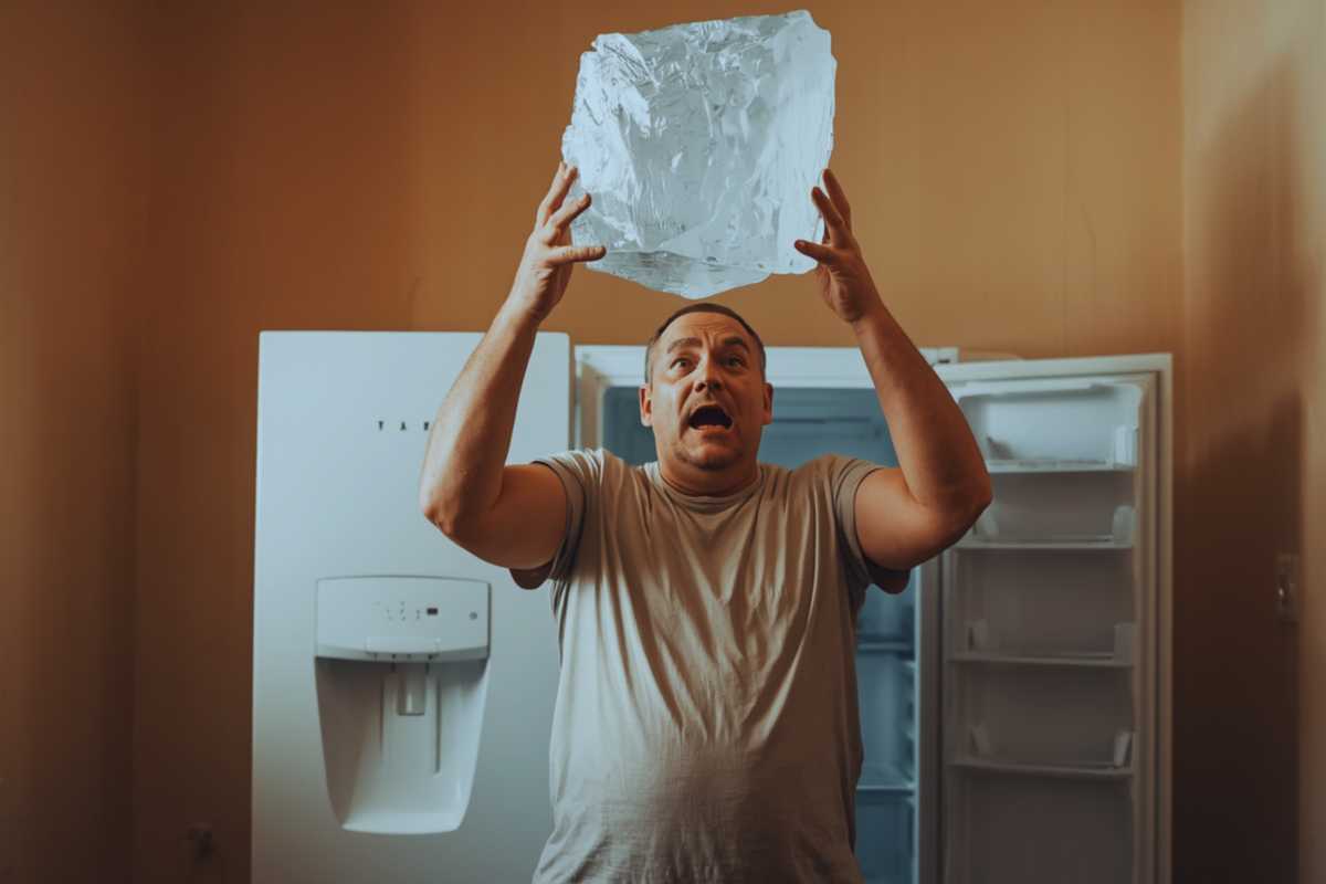 Erwin sieht sich den tödlichen Eisblock vor seiner Kühl- und Gefrierkombination an