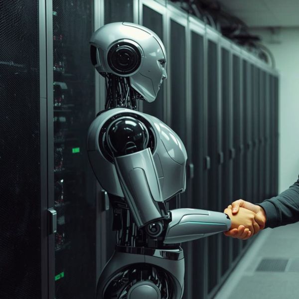 Mensch und Roboter schütteln sich die Hand: TYPO3 Upgrades per KI 