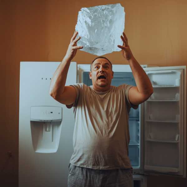 Erwin sieht sich den tödlichen Eisblock vor seiner Kühl- und Gefrierkombination an