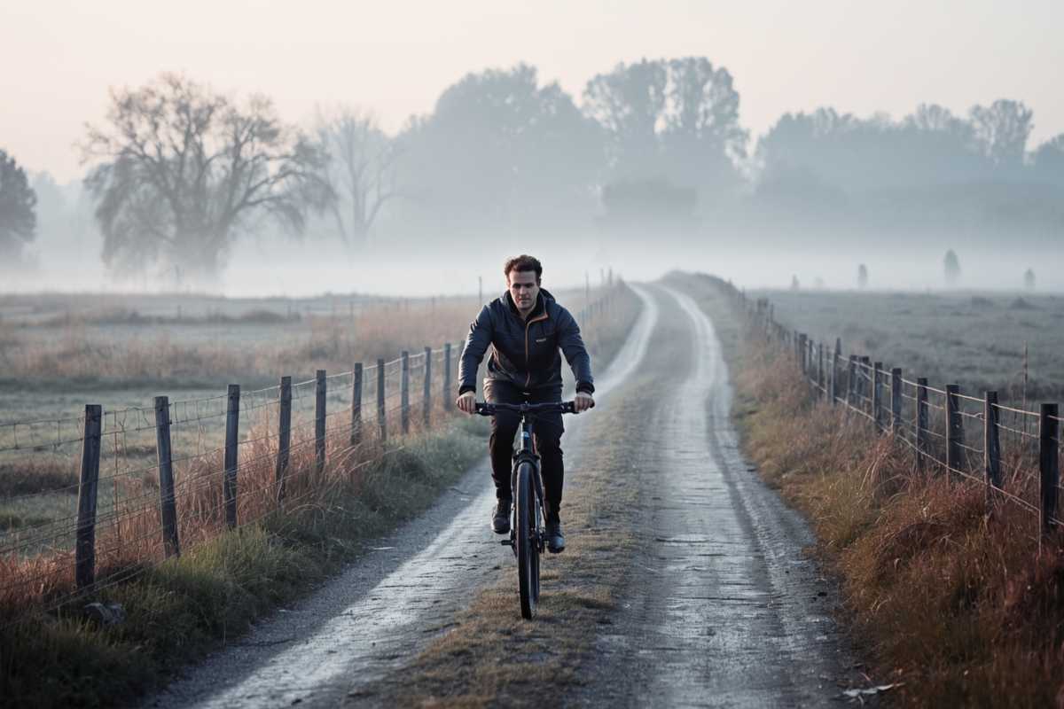 Ein Mann fährt im Herbst durch den Nebel am mystischen Niederrhein