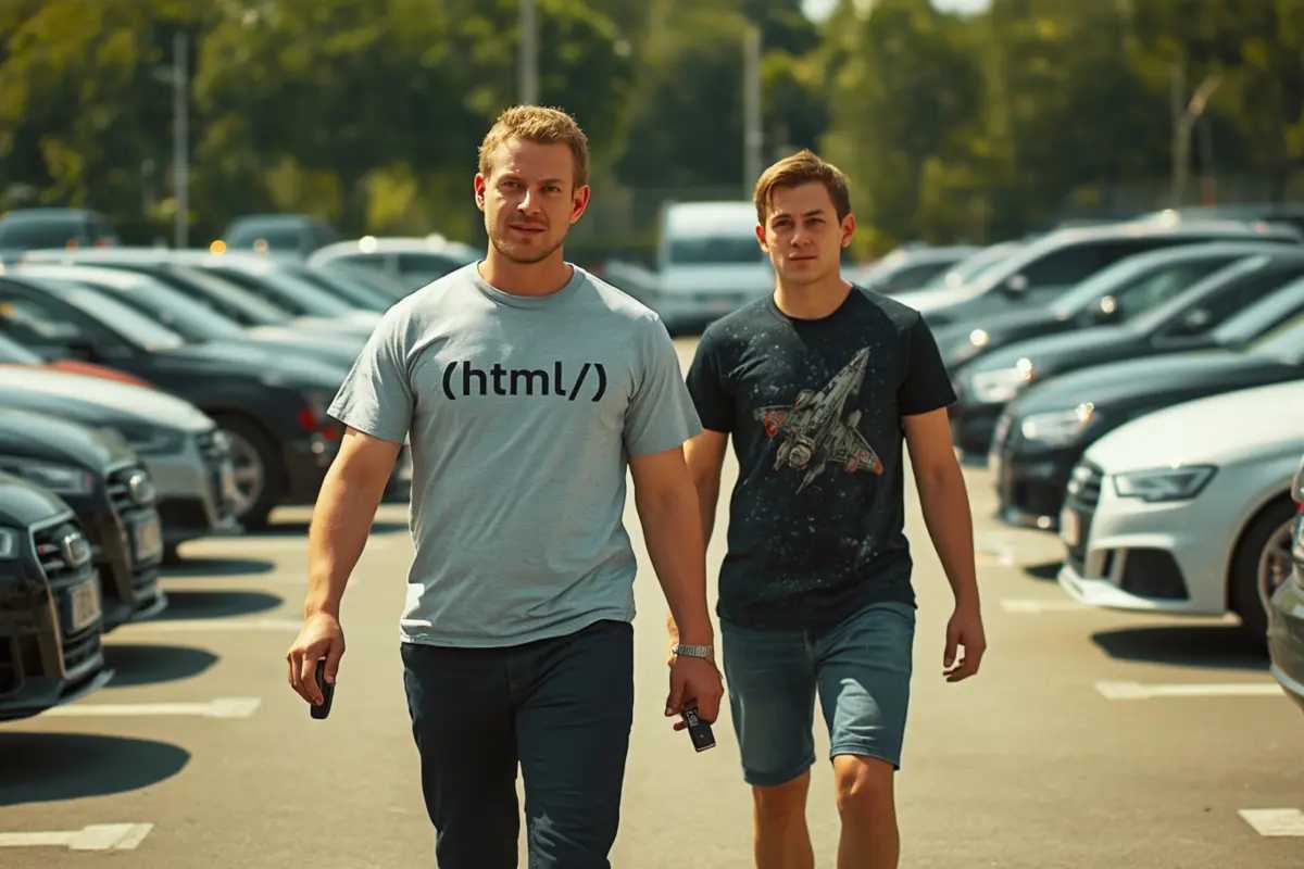 Deniz und Jonas suchen den Audi RS3 von Müller auf dem Parkplatz des Unternehmens