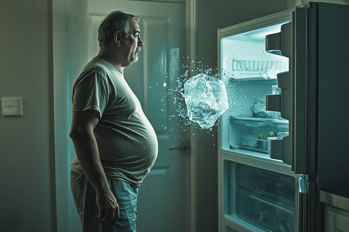 Erwin öffnet die Kühl- und Gefrierkombination mit dem wachsenden Eisblock
