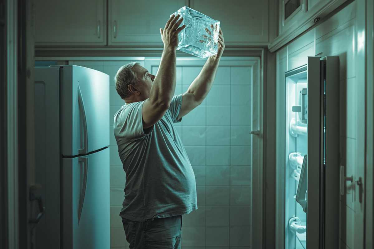 Erwin prüft die Größe des Eisblock aus der Kühl- und Gefrierkombination