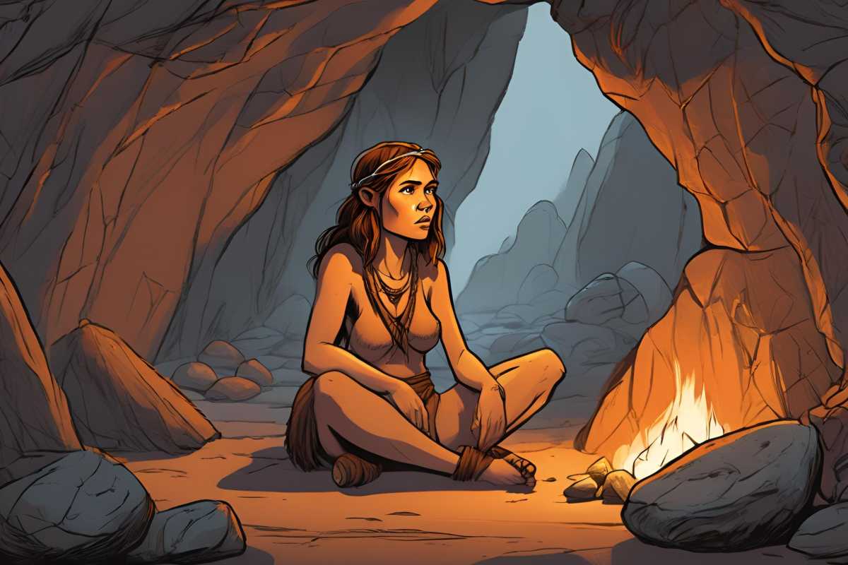 Eine Frau erfindet in der Steinzeit das Feuer