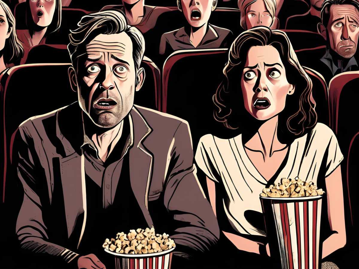 Ein Mann und eine Frau sitzen mit Popcorn im Kino