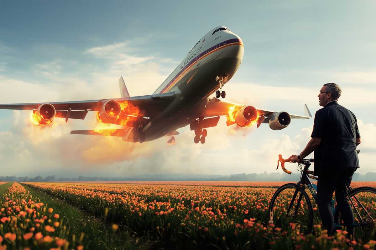 Ein Boeing 747 Jumbo Jet stürzt am Niederrhein ab und ein Radfahrer steht im Weg