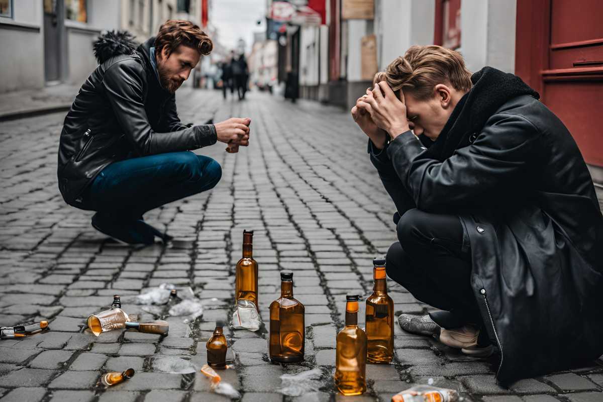 Männer haben Angst vor der Zukunft mit KI und trinken auf der Straße