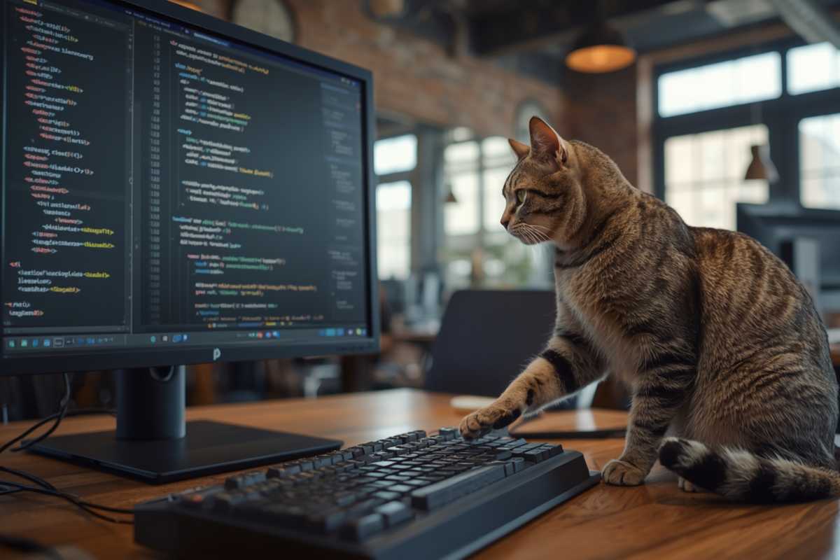 KI als Game Changer: Katze programmiert am Rechner