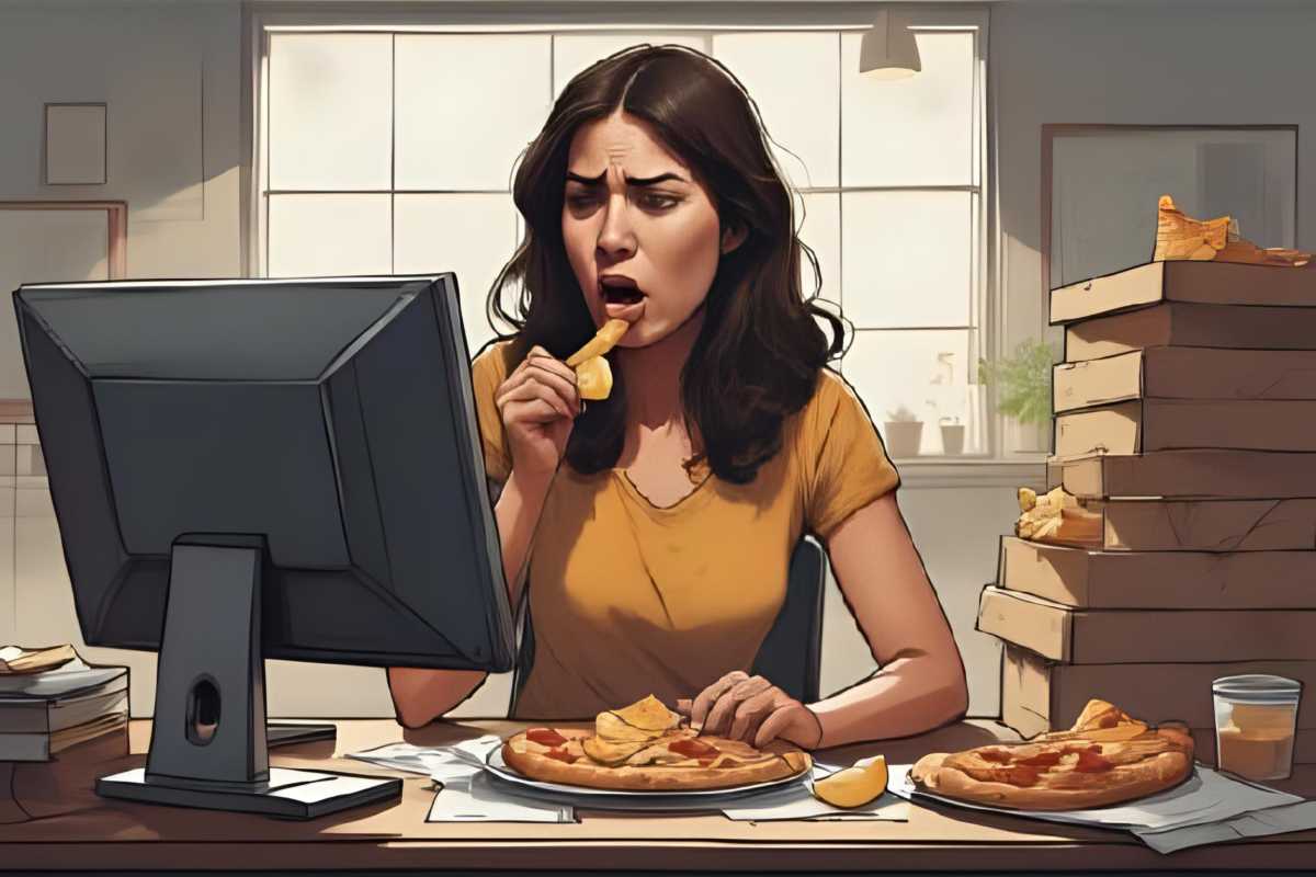 Stressige Arbeit bei Wordpress: Frau isst am Rechner