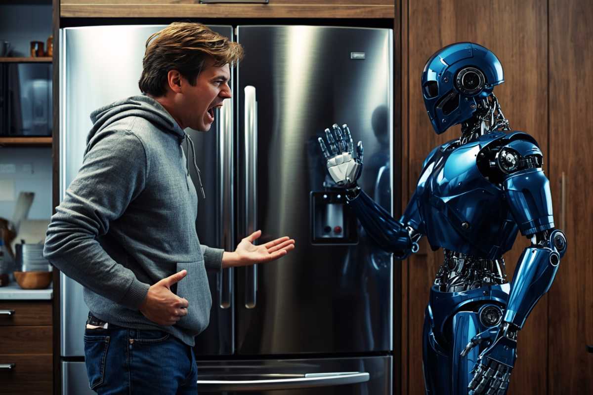 Ein Mann streitet mit dem Roboter vor dem KI-Kühlschrank um den Joghurt