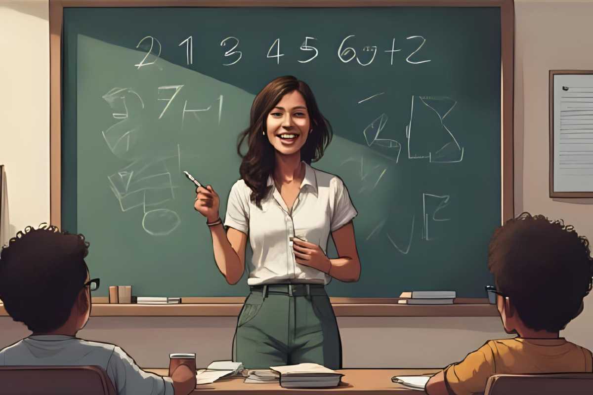Eine Lehrerin spielt an der Tafel mit Zahlen