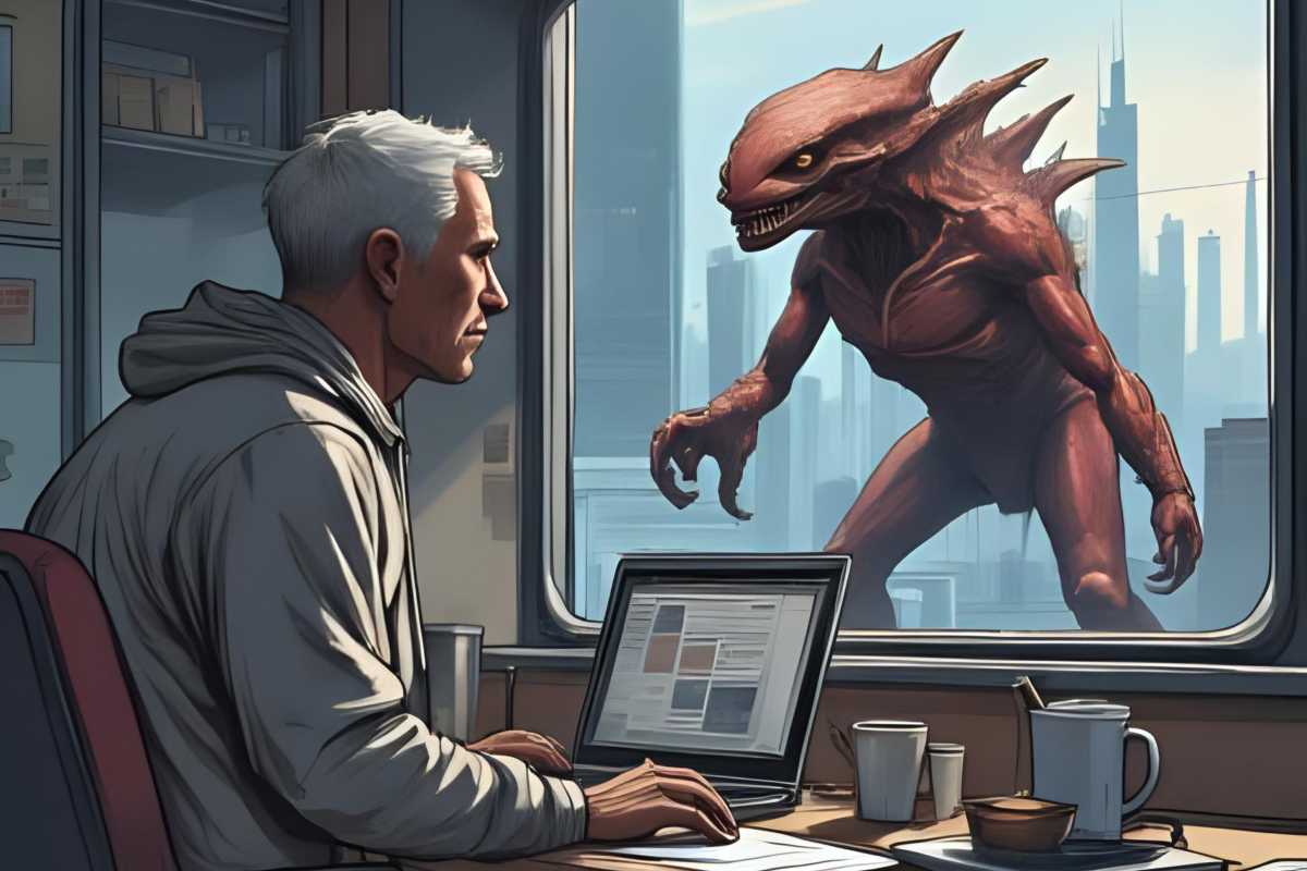 Mann am Rechner bekommt Antrieb durch ein Alien
