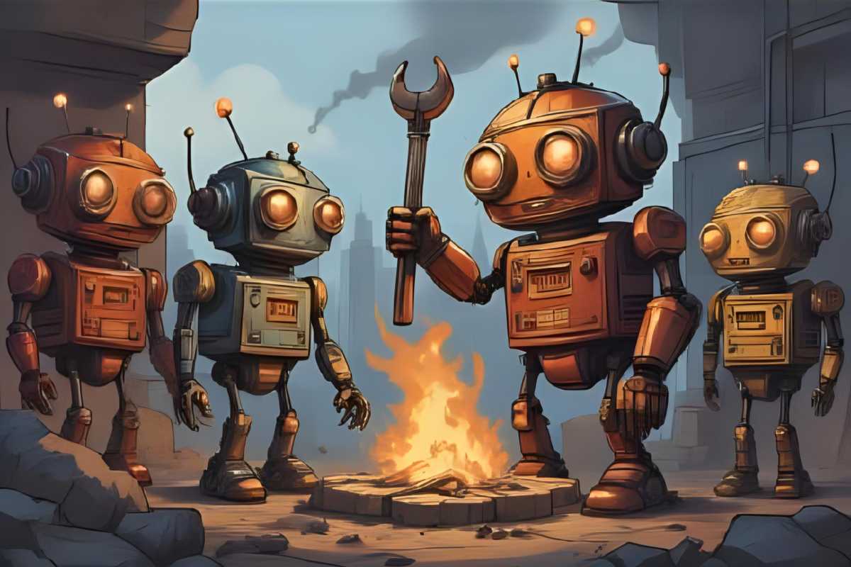 Roboter stehen um ein Feuer und grillen Werkzeug für die Arbeit