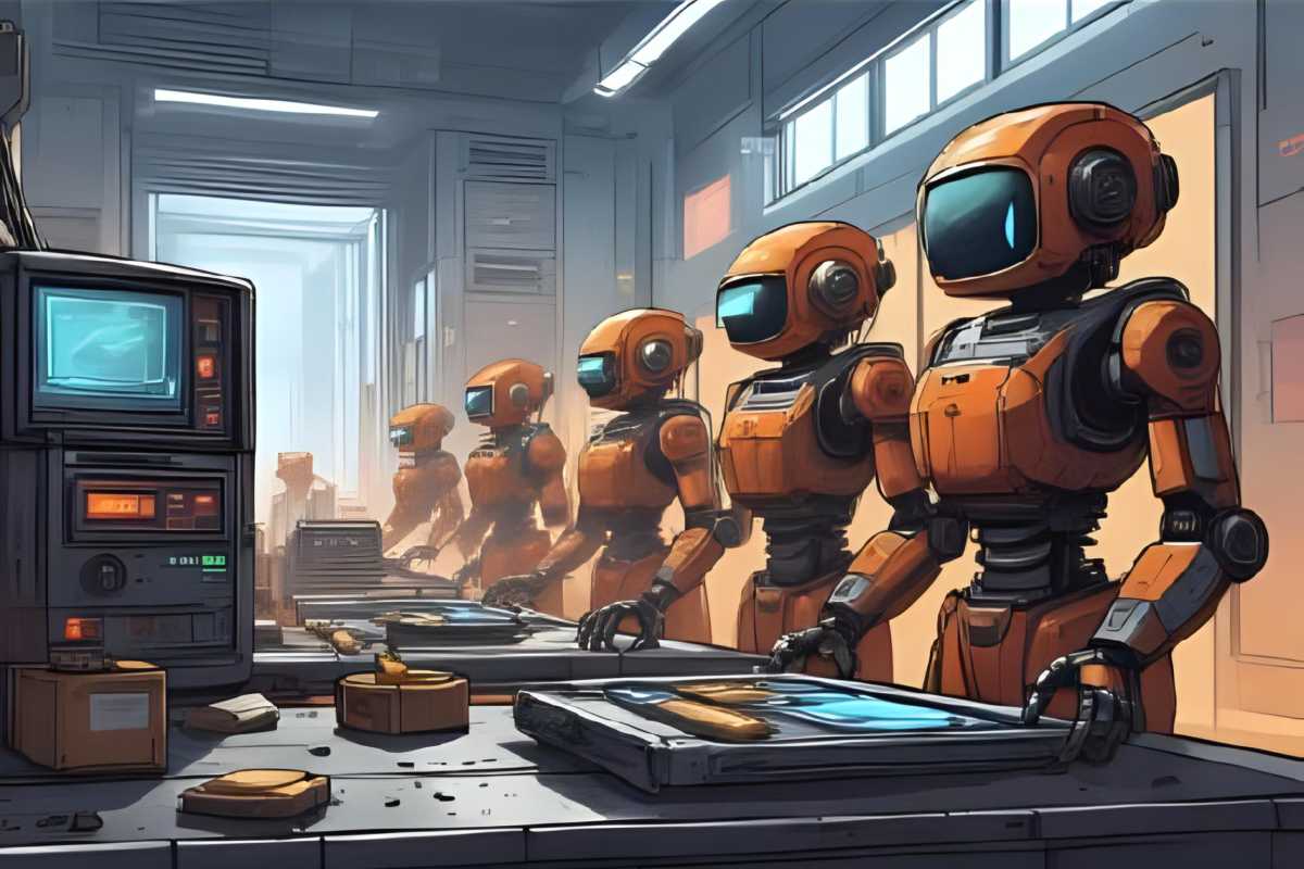 Roboter am Fließband in einer Fabrikhalle