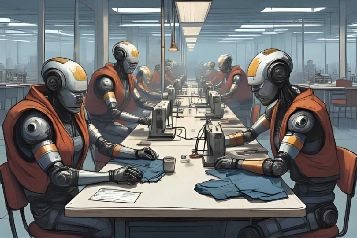 Roboter nähen in einer Fabrikhalle Kleidung für Menschen zusammen