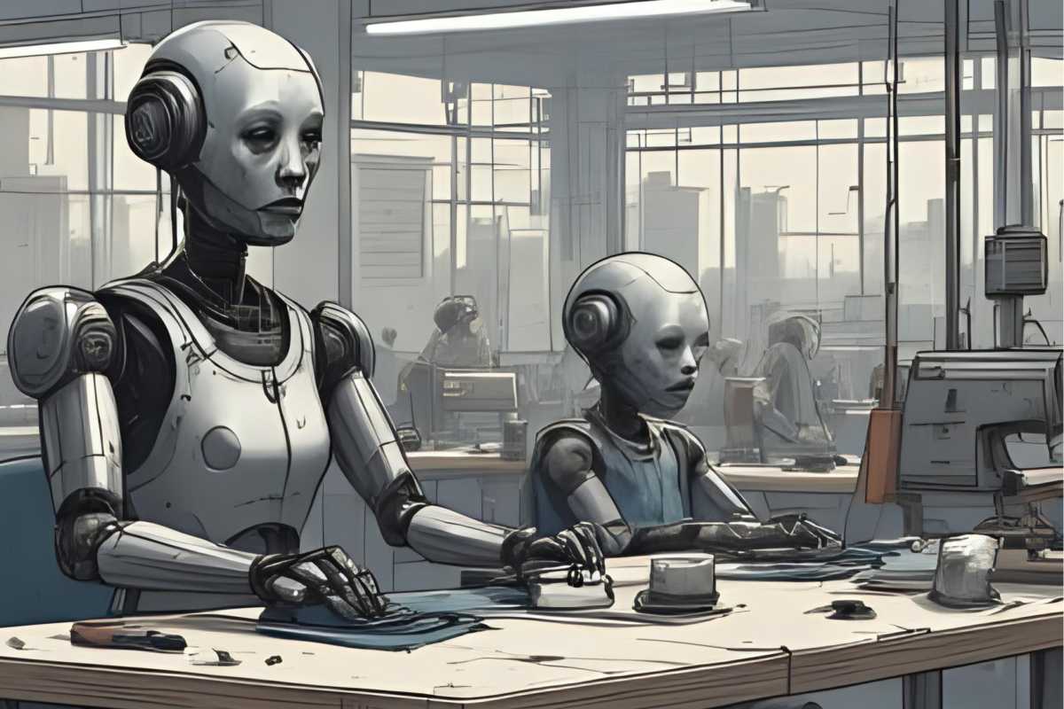 Roboter und Kinderarbeit eines Robots in der Textilfabrik