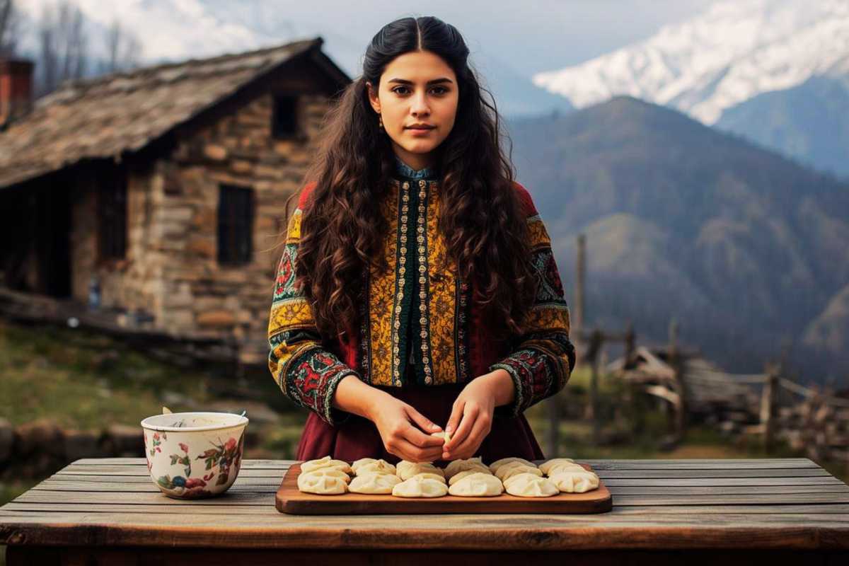 Eine junge Frau bereitet in einem Dorf in Georgien Chinkali zu