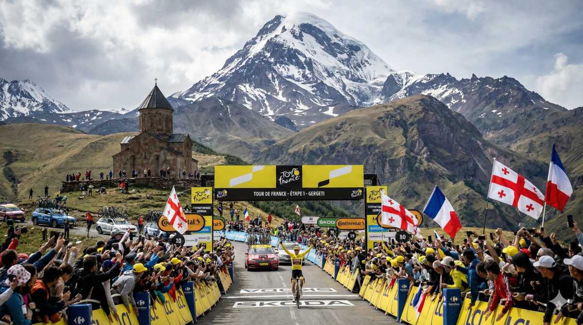 Tour de France in Georgien: Bergankunft bei Gergeti am Sameba-Kloster vor dem Kasbegi