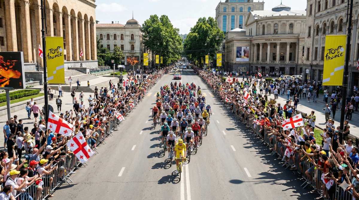 Peloton der Tour de France auf dem Rustaweli-Prospekt in Tbilisi