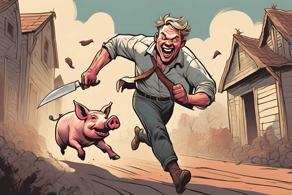 Der Bauer jagt ein Schwein um es zu schlachten
