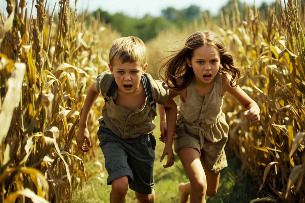 Grensel und Hete fliehen durch ein Maisfeld