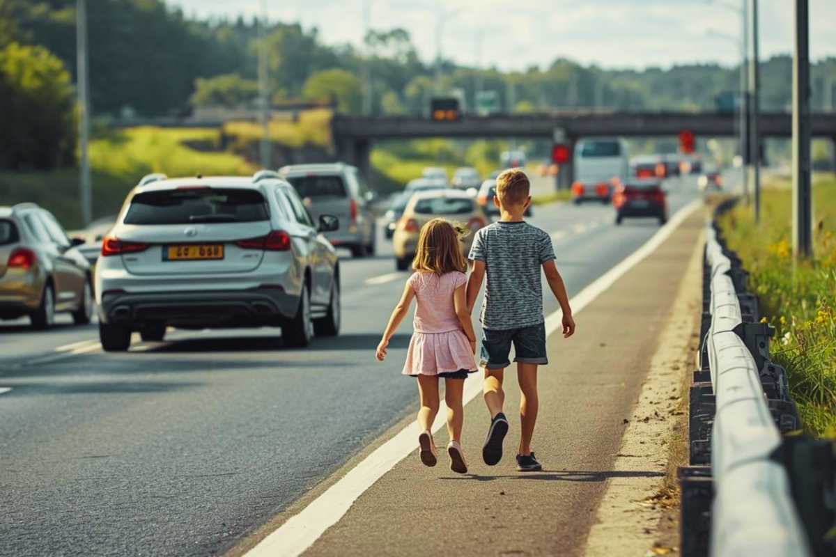 Die Kinder fliehen über die Autobahn
