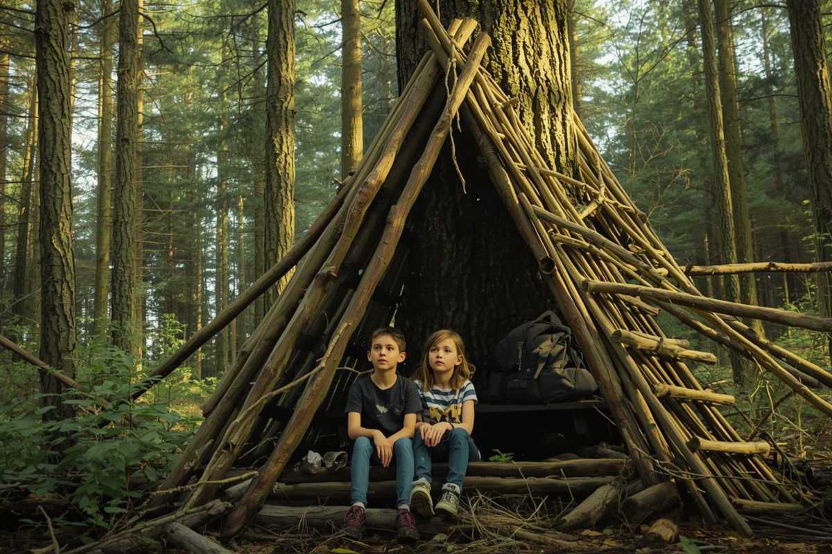 Grensel und Hete sitzen vor ihrer Hütte mitten im Wald