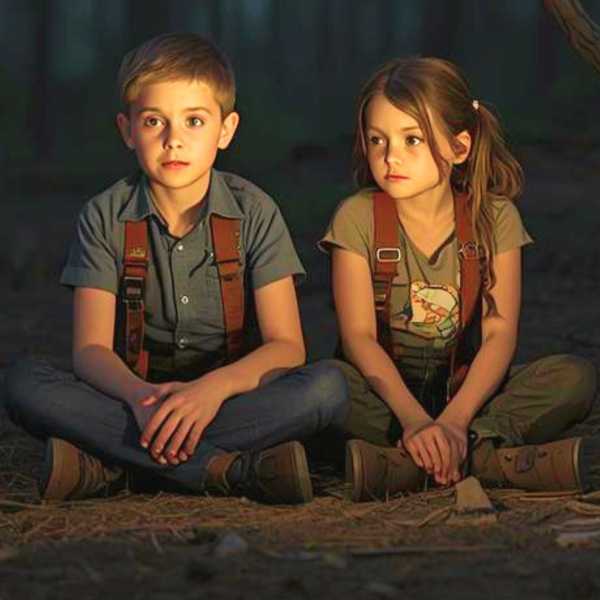 Grensel und Hete sitzen im Wald vor ihrem Baumhaus