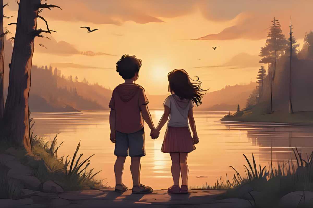 Die Kinder stehen beim Sonnenuntergang am See