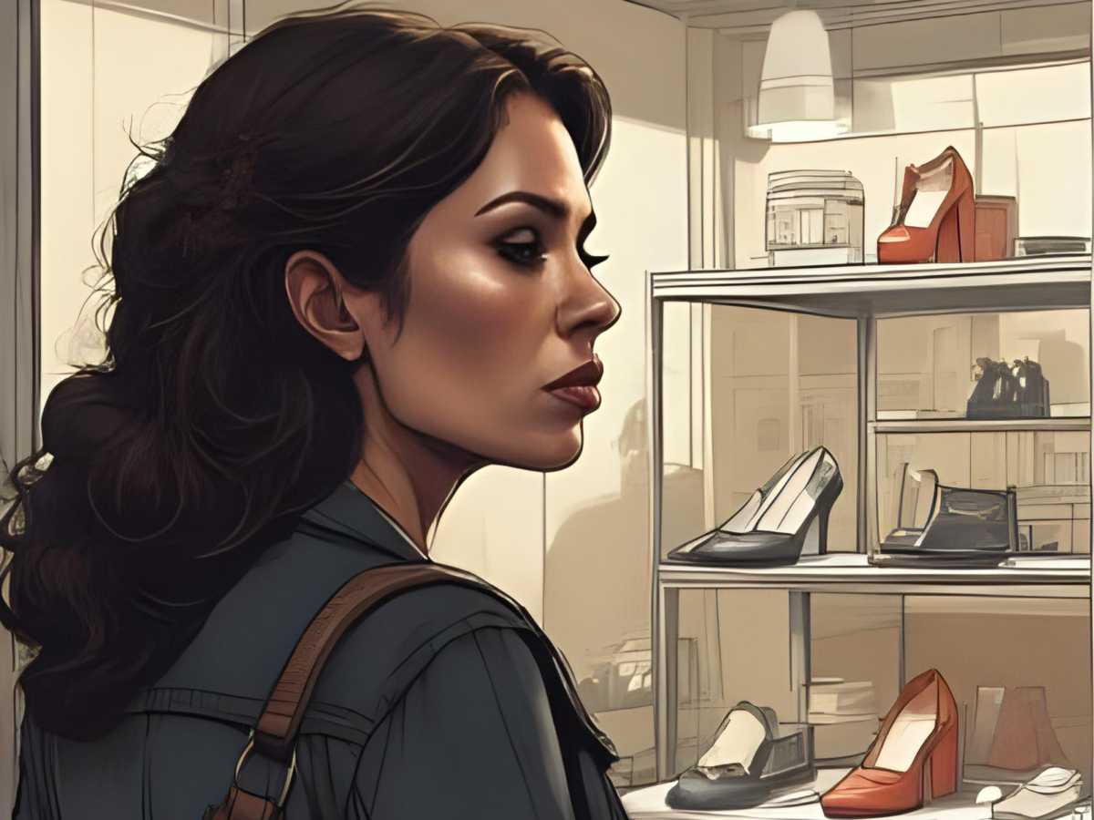 Die Stiefmutter im Kaufrausch steht vor einem Schaufenster und sieht Schuhe