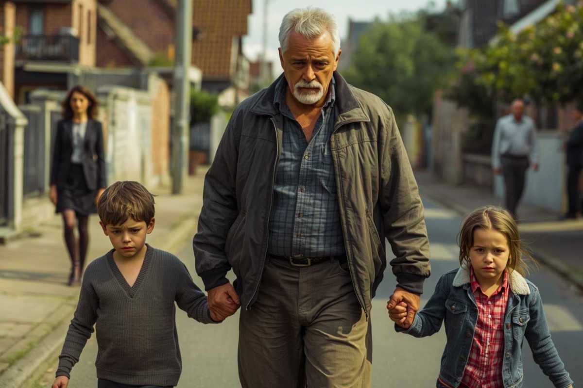 Der Vater bringt seine Kinder Grensel und Hete traurig zum Fotografen