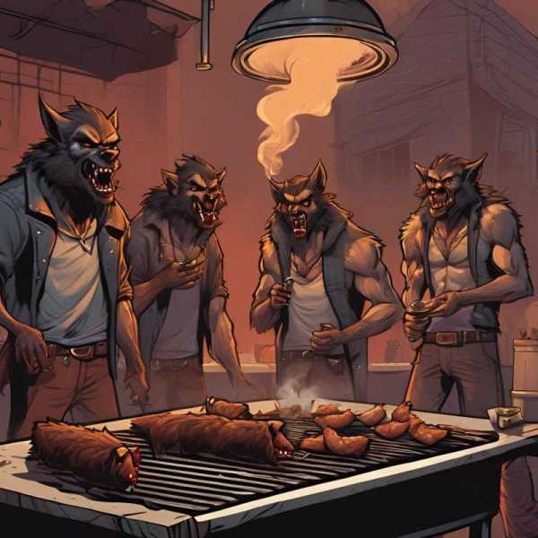 Mehrere Werwölfe stehen an einem Grill zusammen und rauchen