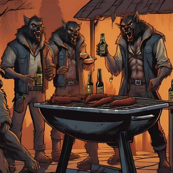 Mehrere Werwölfe stehen an einem Grill zusammen und trinken Bier