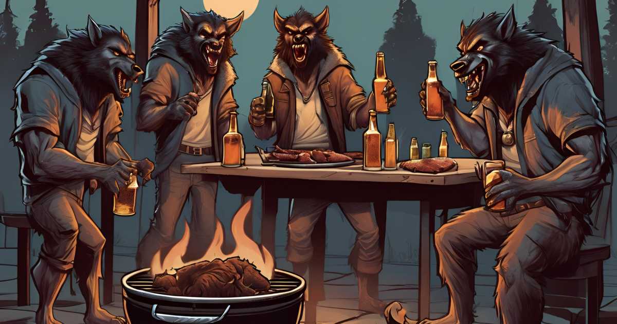 Bildergalerie mit KI: Werwölfe beim Grillen mit Zigarette und Bier