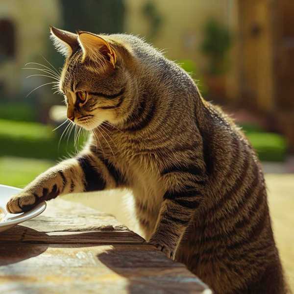 Eine Katze sitzt zu Tisch und legt eine Pfote auf die Lasagne