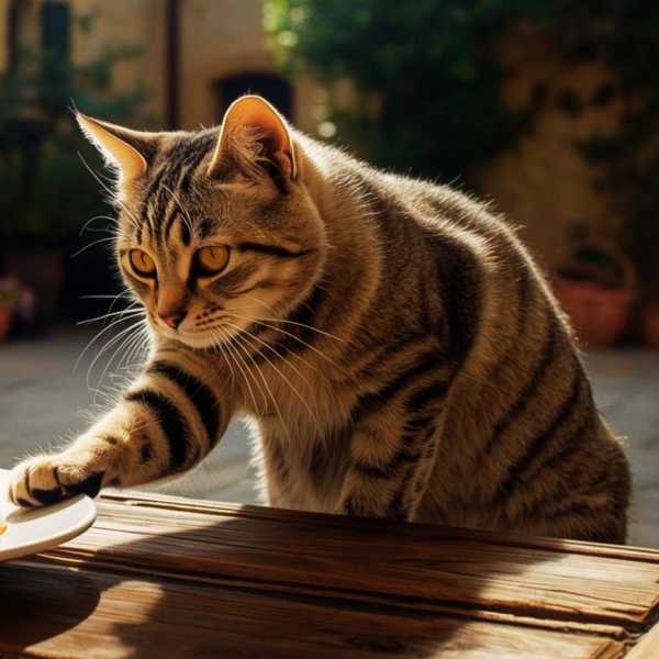 Eine Katze sitzt am Tisch und legt eine Pfote auf die Lasagne