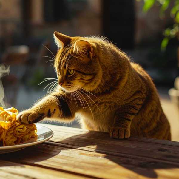 Eine Katze sitzt am Tisch und hat Appetit auf Lasagne