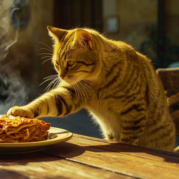 Eine Katze sitzt am Tisch und freut sich über eine Lasagne