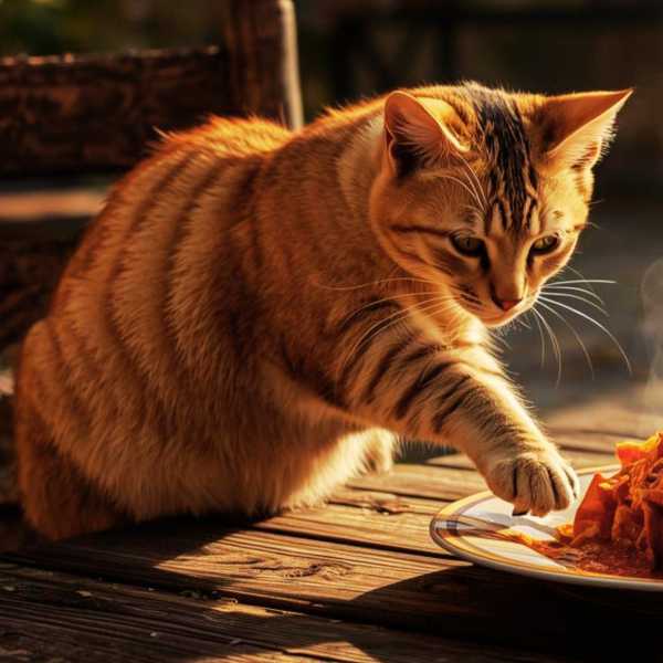 Eine Portion frischer Nudeln vor einer wohlgenährten Katze