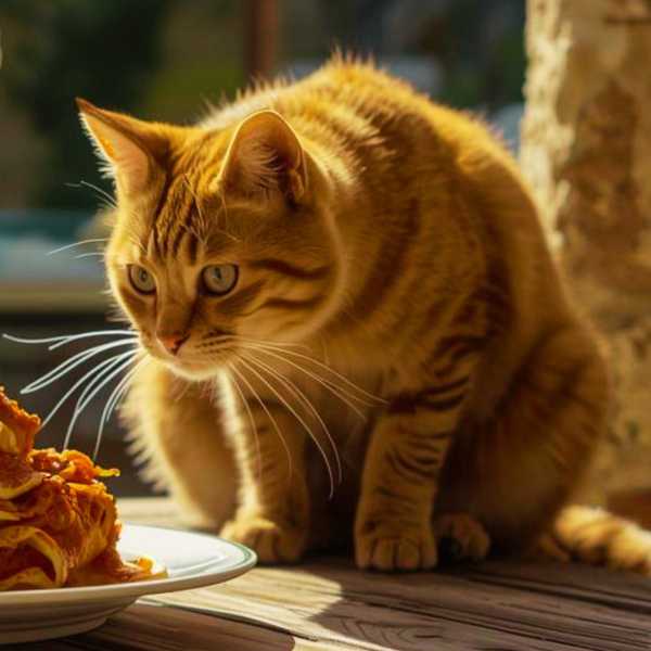 Eine Katze sieht sich interessiert eine Portion frischer Lasagne an