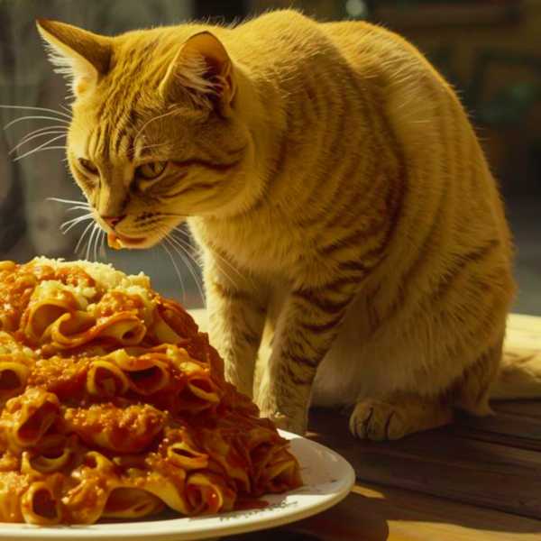 Diese Katze hat ihr Ziel erreicht und isst eine Portion Lasagne