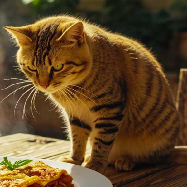 Eine Katze sitzt auf dem Tisch mit einer Portion Lasagne