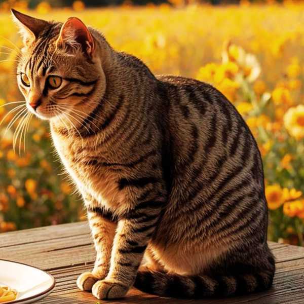 Ein Teller Spaghetti auf dem Tisch vor einer Katze