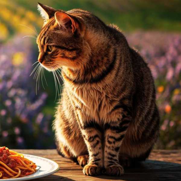 Nicht mehr lange und diese Katze hat die Spaghetti Bolognese aufgegessen