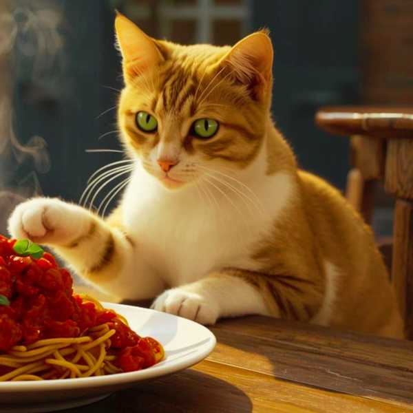 Diese per KI erzeugte Katze sieht so künstlich aus wie die Spaghetti vor ihr