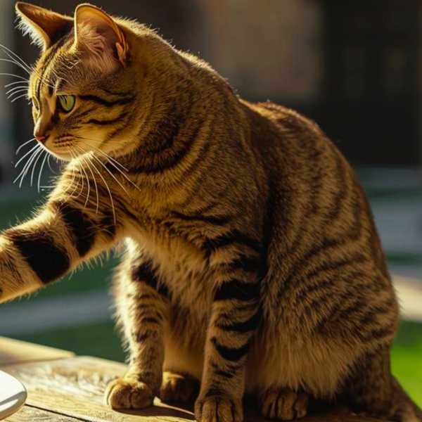 Eine per KI erstellte Katze mit extra Pfote vor einem Teller Spaghetti